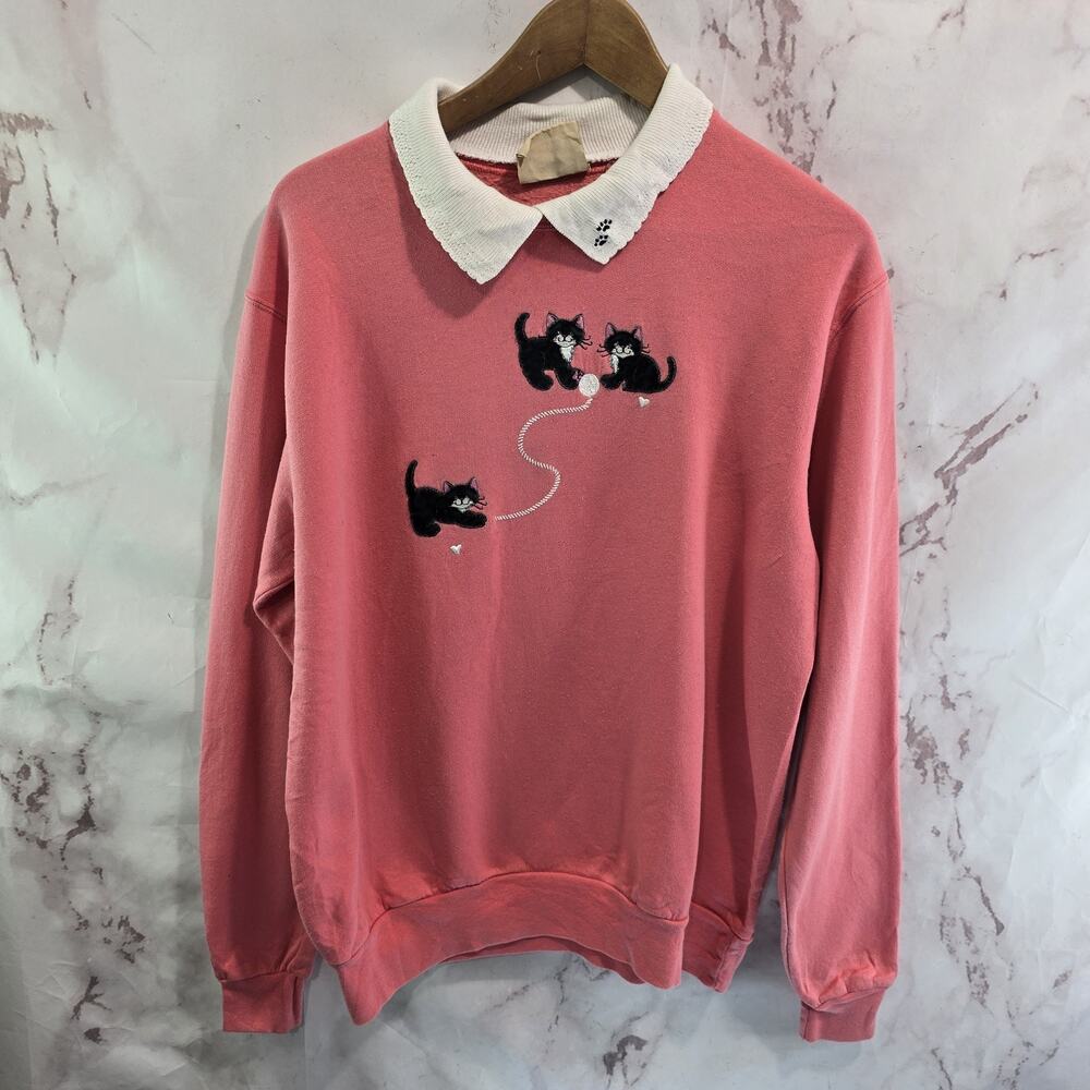 Vintage Cat Sweatshirt Womens Large Pink Double Collar Granny Yarn Tuxedo Black